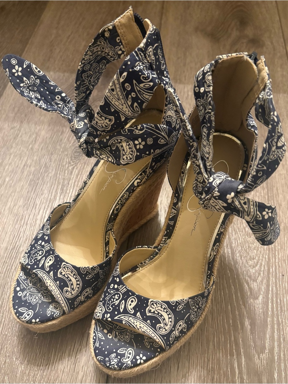 Jessica Simpson Navy Paisley Espadrille Wedge Sandals Size 6.5